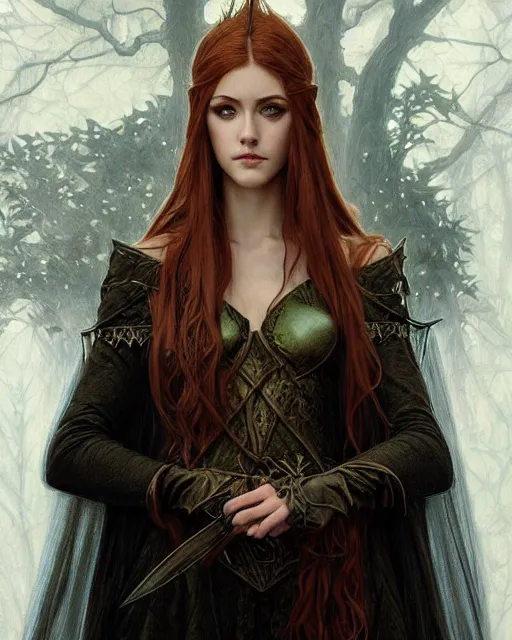 Image similar to portrait of katherine mcnamara elven mage, dark, piercing eyes, gentle expression, elegant clothing, photorealistic, highly detailed, artstation, smooth, sharp focus, art by michael whelan, artgerm, greg rutkowski and alphonse mucha