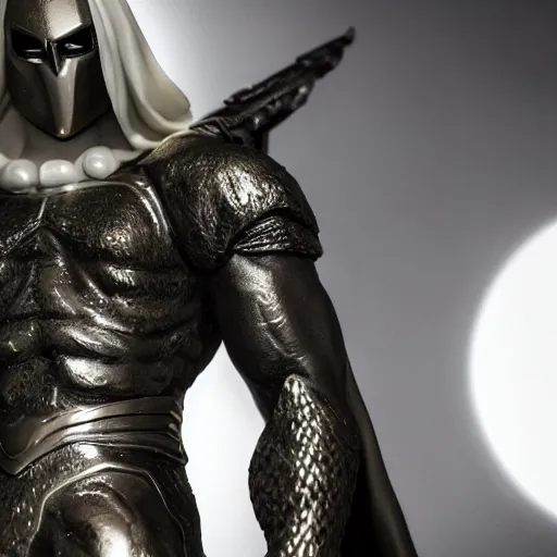 Image similar to a close up photo of a highly detailed statue of Moon Knight from Marvel, 8K, Cinematic,