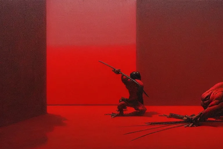 Image similar to only with red, a red samurai harakiri, tokio, a lot of frogs watch, in the style of beksinski, parts by edward hopper, parts by rodcenko, parts by yue minjun, intricate and epic composition, red by caravaggio, insanely quality, highly detailed, masterpiece, red light, artstation, 4 k