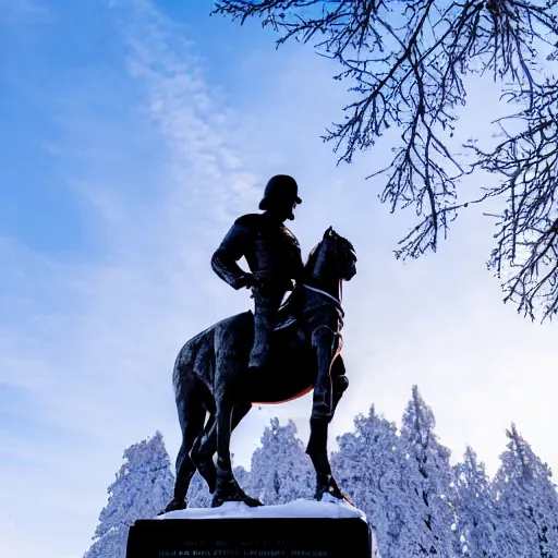 Prompt: A photo looking up at a black statue of a soldier riding a horse, lightly topped with snow, the statue is on a pedestal, the ground is full of snow, the background has numerous wintry trees, the sky is blue with sun poking through the clouds. Twilight. Photorealistic, 4k,