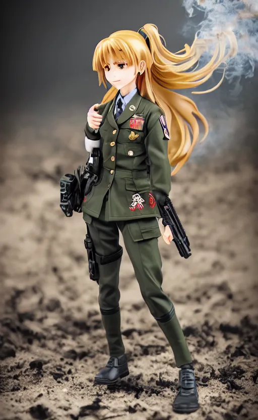 Prompt: toy photo, school uniform, portrait of the action figure of a girl, anime character anatomy, girls frontline universe, collection product, dirt and smoke background, flight squadron insignia, realistic military gear, 70mm lens, round elements, photo taken by professional photographer, trending on instagram, symbology, 4k resolution, low saturation, empty hands, realistic military carrier