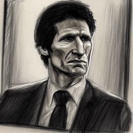 Prompt: todd howard courtroom sketch, charcoal on paper