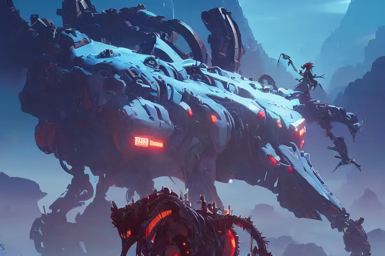 Image similar to grimhorn fanghorn machine mecha animal beast robot of horizon forbidden west horizon zero dawn bioluminiscence, behance hd by jesper ejsing, by rhads, makoto shinkai and lois van baarle, ilya kuvshinov, rossdraws global illumination