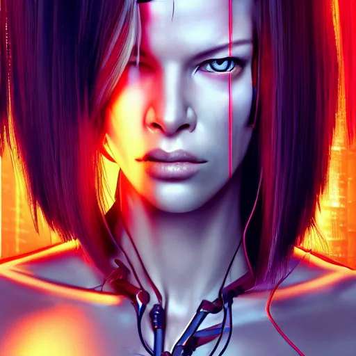 Prompt: Cyborg girl with style of Ghost in the Shell protagonized by Mila Jovovich, human face, robotic body, smooth skin, wires, realistic, VFX, 4k