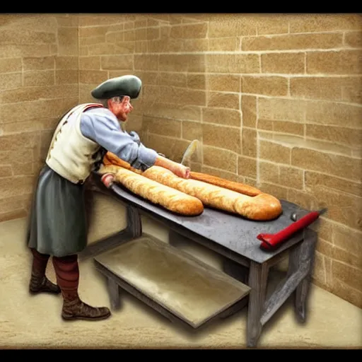 Prompt: General Burgoyne baking baguettes. Award winning hyper detailed photorealistic 50 mm