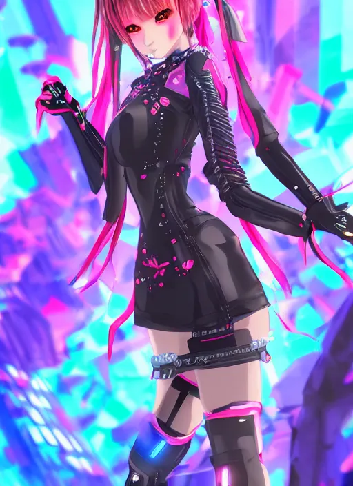 Image similar to anime, vrchat, secondlife, imvu, 3 d model of a girl wearing harajuku colorful clothes, cyberpunk armor, cyborg, pop colors, kawaii hq render, detailed textures, artgerm artstationhd, booth. pm, highly detailed attributes and atmosphere, dim volumetric cinematic lighting, hd, unity unreal engine