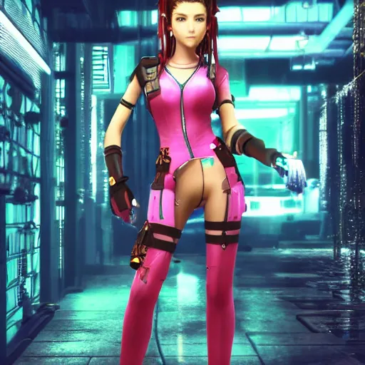 Image similar to Aerith from Final Fantasy wearing cyberpunk plugsuit