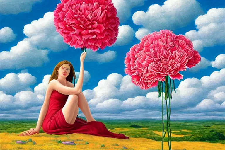 Image similar to giant carnation flower head, woman sitting, surreal, clouds in sky, impressionist painting, digital painting, artstation, rob gonsalves
