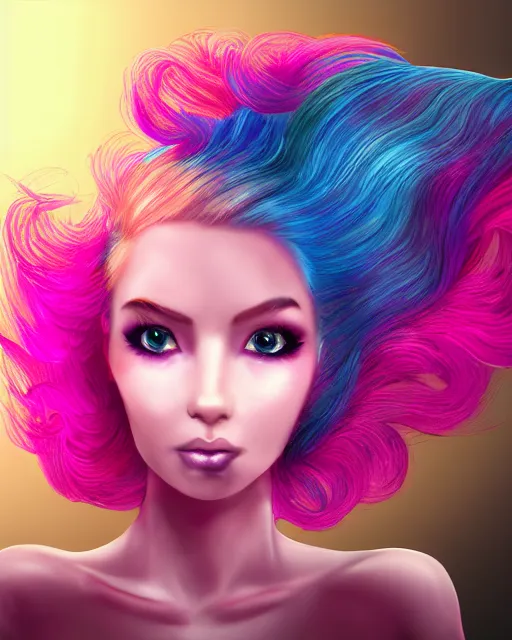 Image similar to a detailed digital art of a dramatic lighting beautiful young woman with cotton candy hair. with a little bit of cyan and pink