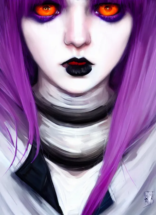 Image similar to portrait of white teenage girl, normal face, white bangs, mall goth, cyberlox, black and white hair, bangs, fluffy bangs, red contact lenses, purple lipstick, intricate, elegant, highly detailed, digital painting, artstation, concept art, sharp focus, smooth, illustration, art by wlop, mars ravelo and greg rutkowski