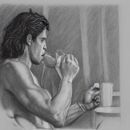 Image similar to zeus drinking tea in the olympus, pencil drawing