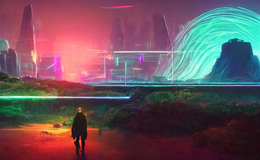 Image similar to A landscape with a giant rainbow bridge, magical, cyberpunk, glowing runes, technology, Low level, rendered by Beeple, Makoto Shinkai, syd meade, simon stålenhag, environment concept, synthwave style, digital art, unreal engine, WLOP, trending on artstation, 4K UHD image, octane render,