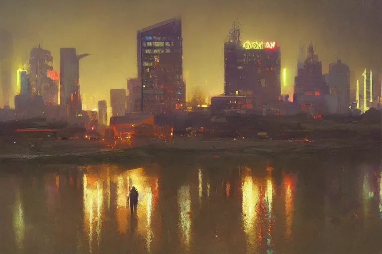 Image similar to Kyiv on Dnieper river, neon lighting, night city, digital art from artstation by Ruan Jia and Mandy Jurgens and Artgerm and william-adolphe bouguereau and Greg Rutkowski and Wayne Barlowe