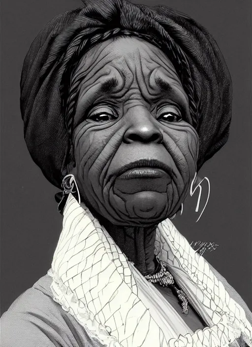 Image similar to a portrait of an old black woman with a crooked nose in victorian clothing, confident pose, intricate, elegant, sharp focus, illustration, highly detailed, concept art, matte, trending on artstation, anime, art by james jean and artgerm and brian despain and alberto mielgo, greg rutkowski, wlop, ilya kuvshinov, strong strokes