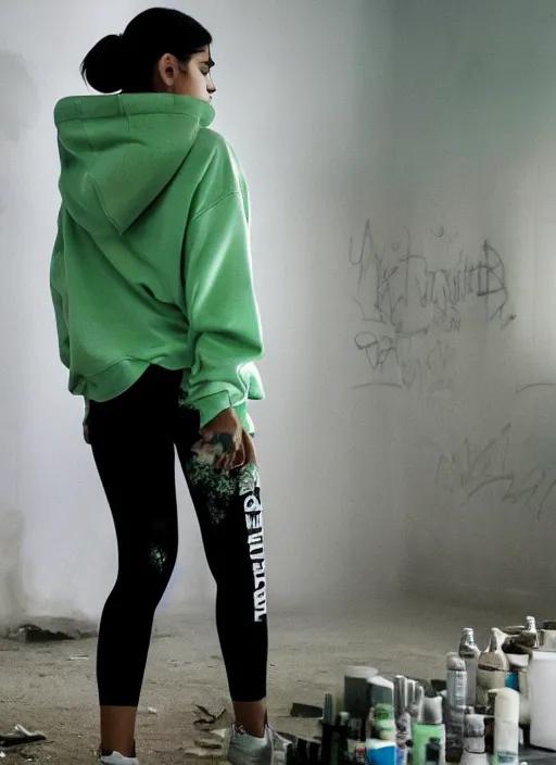 Image similar to kylie jenner doing graffiti in a derelict room, dust mist, rear-shot, pov from behind, tight white leggings with a pink hoody with hood up, mold, greenery, intricate, epic lighting, cinematic composition, hyper realistic, 8k resolution, unreal engine 5