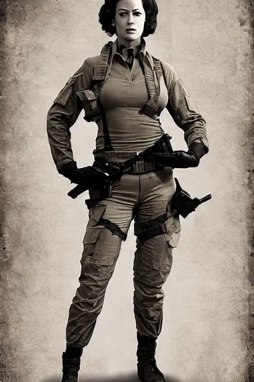 Image similar to lady jaye from g. i. joe, portrait, full body, symmetrical features, silver iodide, 1 8 8 0 photograph, sepia tone, aged paper, sergio leone, master prime lenses, cinematic