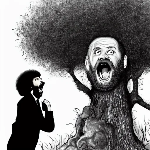 Image similar to bob ross screaming stuck in a tree