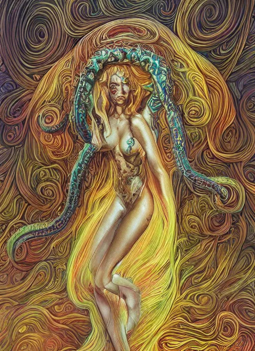 Image similar to beautiful psychedelic goddess enrobed in tentacles in the style of peter gric