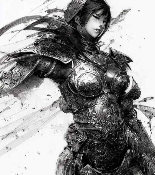 Image similar to anime woman in armor, pen and ink, intricate line drawings, by craig mullins, ruan jia, kentaro miura, greg rutkowski, loundraw