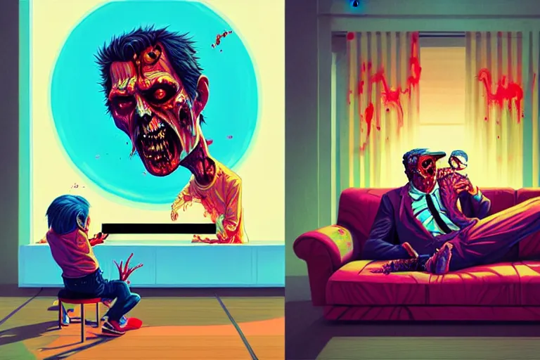 Image similar to a zombie dad sitting on the couch and watching tv, tristan eaton, victo ngai, artgerm, rhads, ross draws