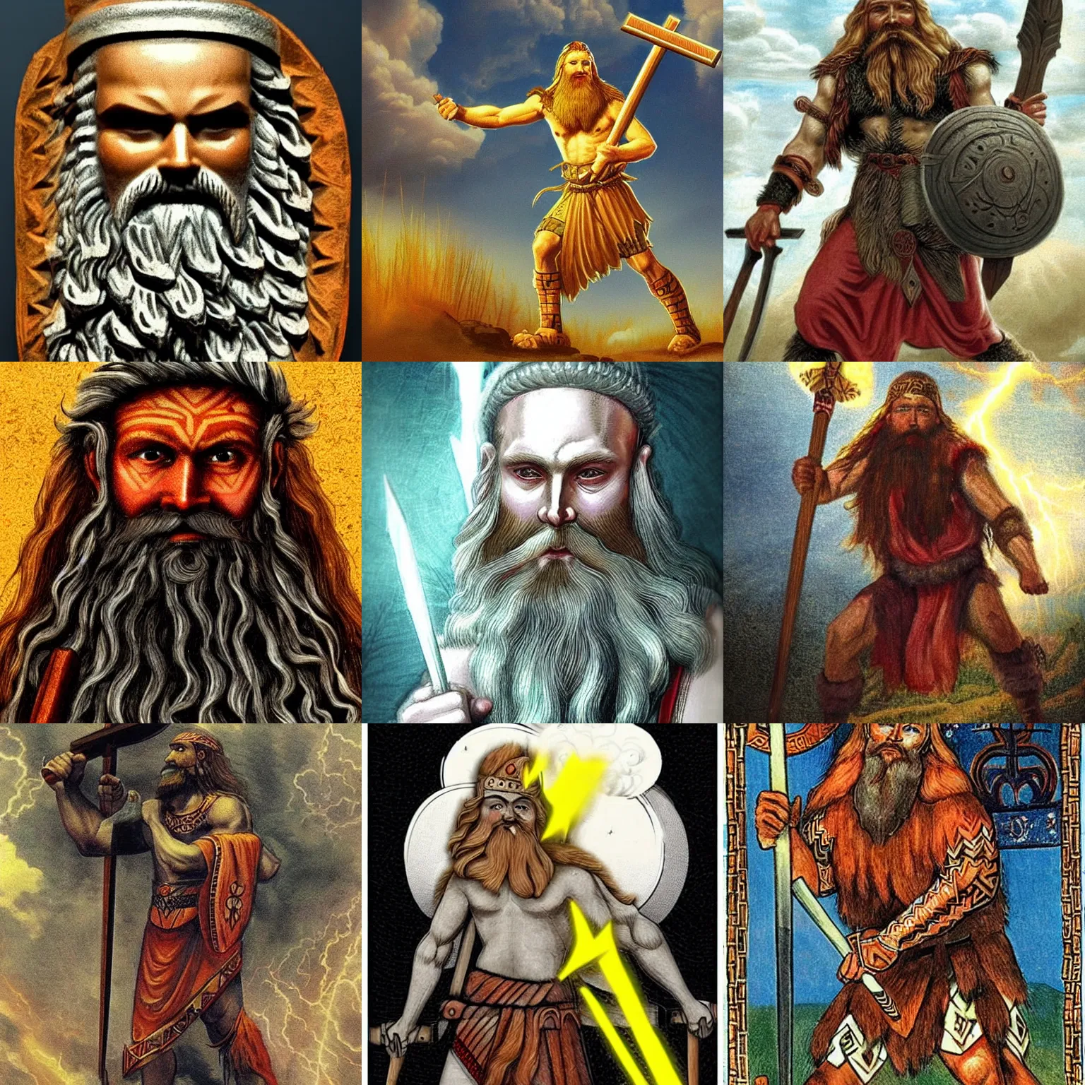 Prompt: perun is the slavic god of thunder, he had red beard and his weapon were axe, hammer and an arrow, all of which he could use to create lightning strikes