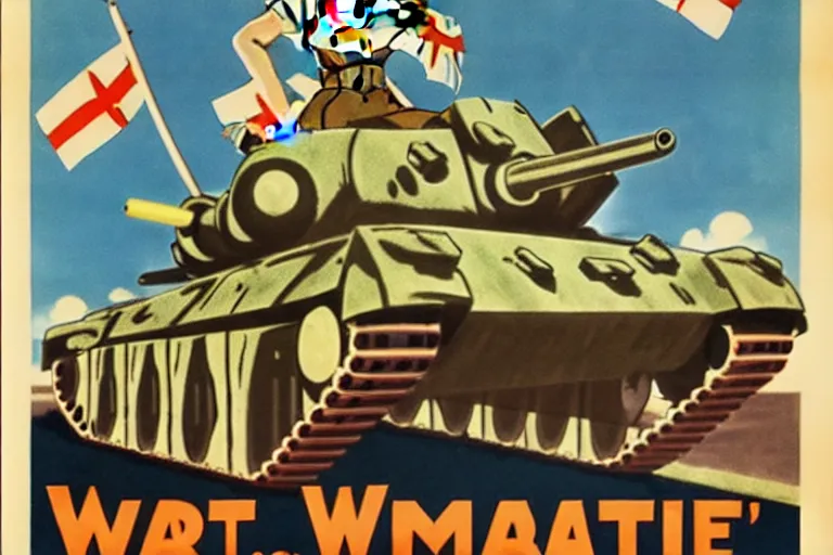 Image similar to 1940s, war, anime, poster, smiling tanks