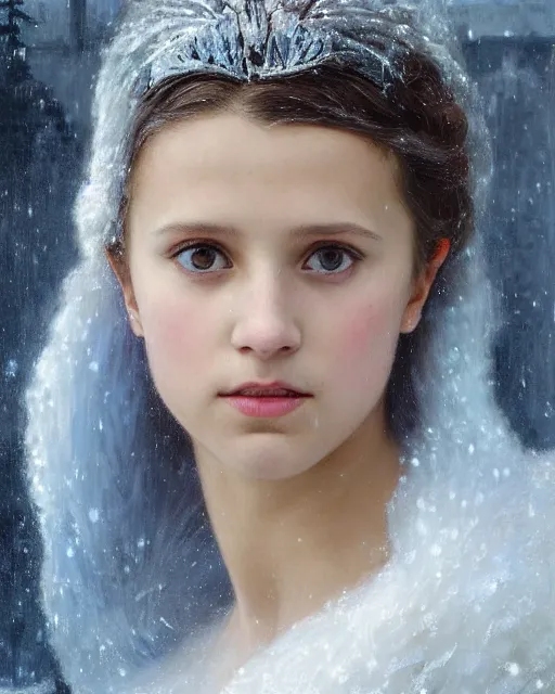 Image similar to a portrait painting of a shy, blushing 1 6 - year old alicia vikander or millie bobby brown as elsa, a princess of the ice and snow, in a snowy setting at night, intricate, elegant, highly detailed, artstation, concept art, by krenz cushart and donato giancola and william adolph bouguereau and alphonse mucha