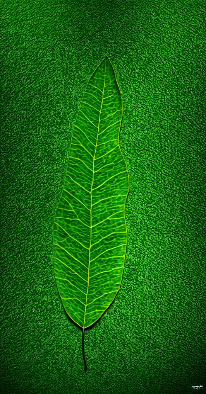 Image similar to realistic photo of texture of a one big glowing leaf, dark background, full leaf is visible, very sharp focus, in the style of greg rutswoski, very hyper realistic, highly detailed, fantasy art station