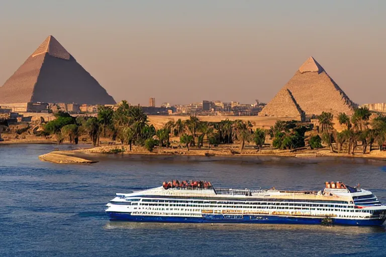 Image similar to realistic photo of the river nile, with the pyramids of giza in the background, a river flowing through the scene, cruise ship in the foreground, sun blazing in the sky