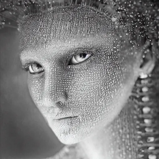 Image similar to full shot of a regal brown woman wearing an intricate armor made of many layers of ice. no makeup!! freckles!! haunting eyes. vulnerable. fragile. ethereal. elaborate. ice caves. glaciers. refracted light. extremely soft lighting. textures. delicate. translucent. by ray cesar. by louise dahl - wolfe. by andrea kowch. surreal photography.