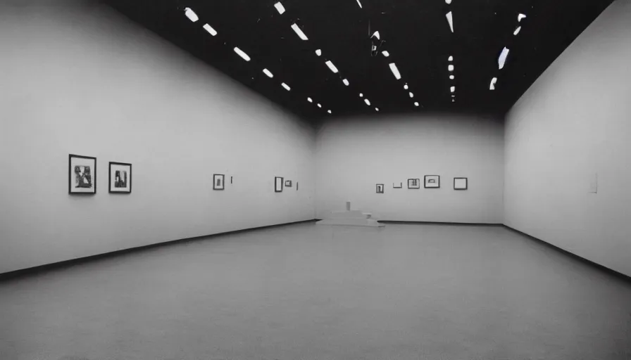 Image similar to 60s movie still of a sovietic stalinist style empty art museum with a soviet congress with yellow wall, AGFA APX 100, liminal Space style, heavy grain