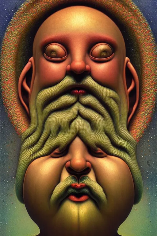 Prompt: joyous gnome face, reaching nirvana, goofy, silly, dmt, large metal mustache, muted colors, benevolent, nebula background, glowing eyes, detailed realistic surreal retro gnome in full regal attire. face portrait. art nouveau, visionary, baroque, giant fractal details. vertical symmetry by zdzisław beksinski, highly detailed, realistic