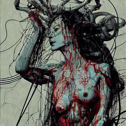 Prompt: tecno pagan god, wires antlers cybernetic implants, machine noir grimcore, in the style of adrian ghenie esao andrews jenny saville surrealism dark art by james jean takato yamamoto and by ashley wood