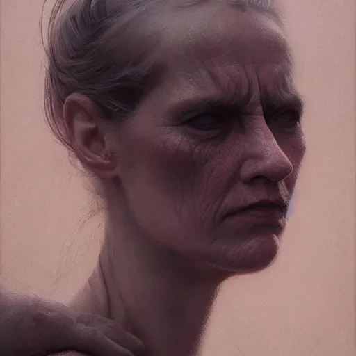 Prompt: A portrait of a woman, angry face, art by Greg Rutkowski and Zdzisław Beksiński