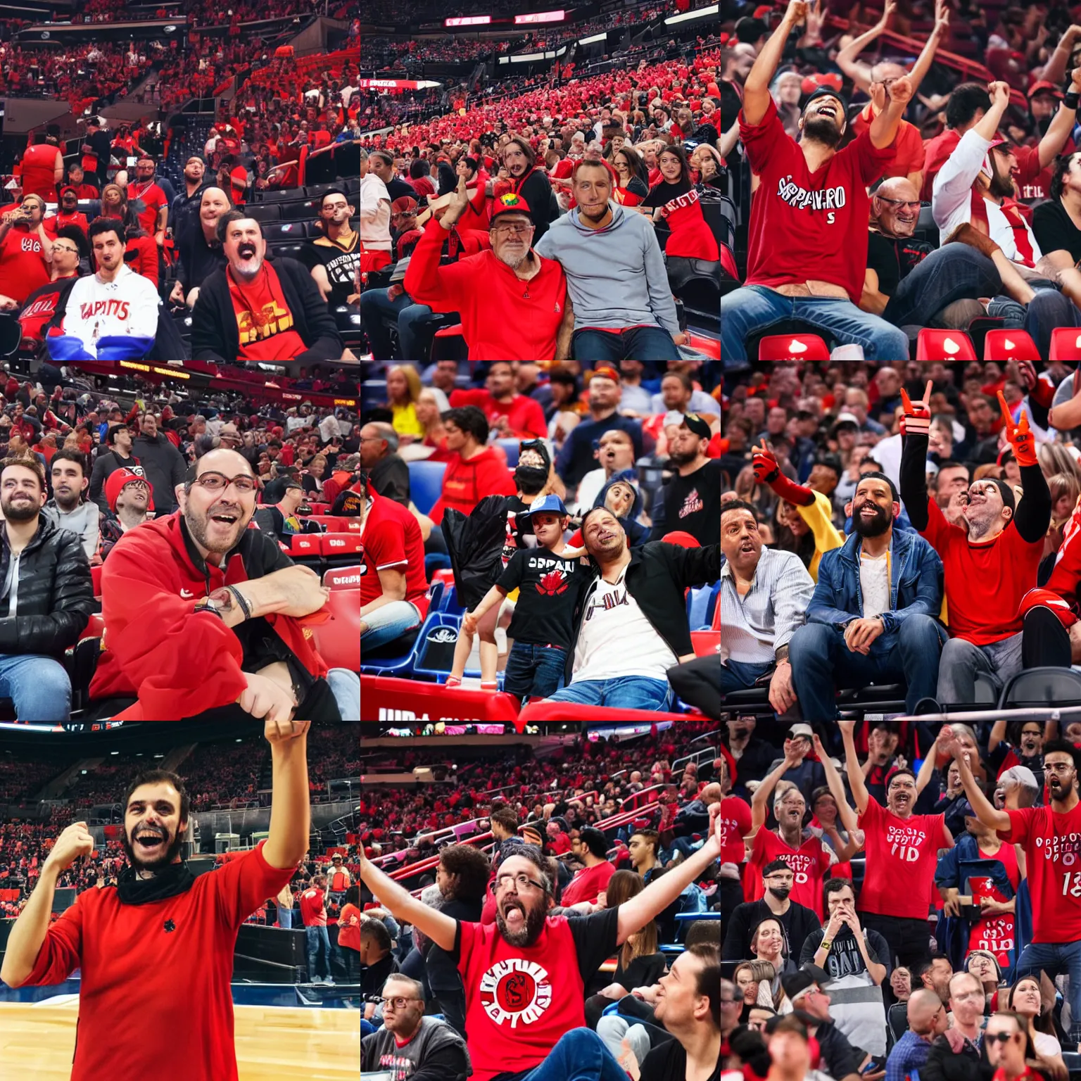 Prompt: spanish man cheering on the toronto raptors from the stands at scotiabank arena