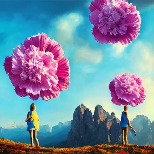 Image similar to giant carnation flower as a head, girl hiking in the dolomites, surreal photography, sunrise, dramatic light, impressionist painting, colorful clouds, digital painting, artstation, simon stalenhag