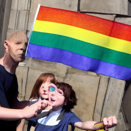 Image similar to harry potter hugs voldemort pride flag in background