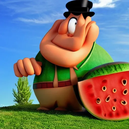 Image similar to Fred Flintstone dressed as a mailman planting a watermelon in an aca9demy, Sculpture, Hyperrealistic