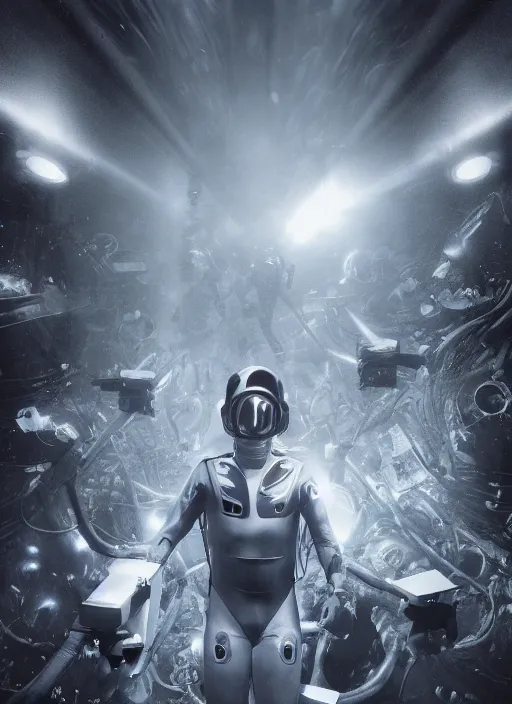 Image similar to astronauts in dark minimalists underwater void - hyperdetailed suit. reflection and dispersion materials. rays and dispersion of light. volumetric light. 5 0 mm, f / 3 2. noise film photo. flash photography. ultra realistic, wide angle. poster by wayne barlowe, hajime sorayama aaron horkey, craig mullins. dark key.