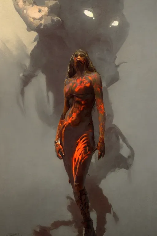 Image similar to Mars Bringer of War as a 19-year old girl figure, Martian tattoos, subject wearing a Martian pattern dress, cinematic light, volumetric shading, by Jeremy Mann and greg rutkowski, muted Martian colors, with few red-orange highlights, trending on artstation, 80 mm lens, oil on canvas