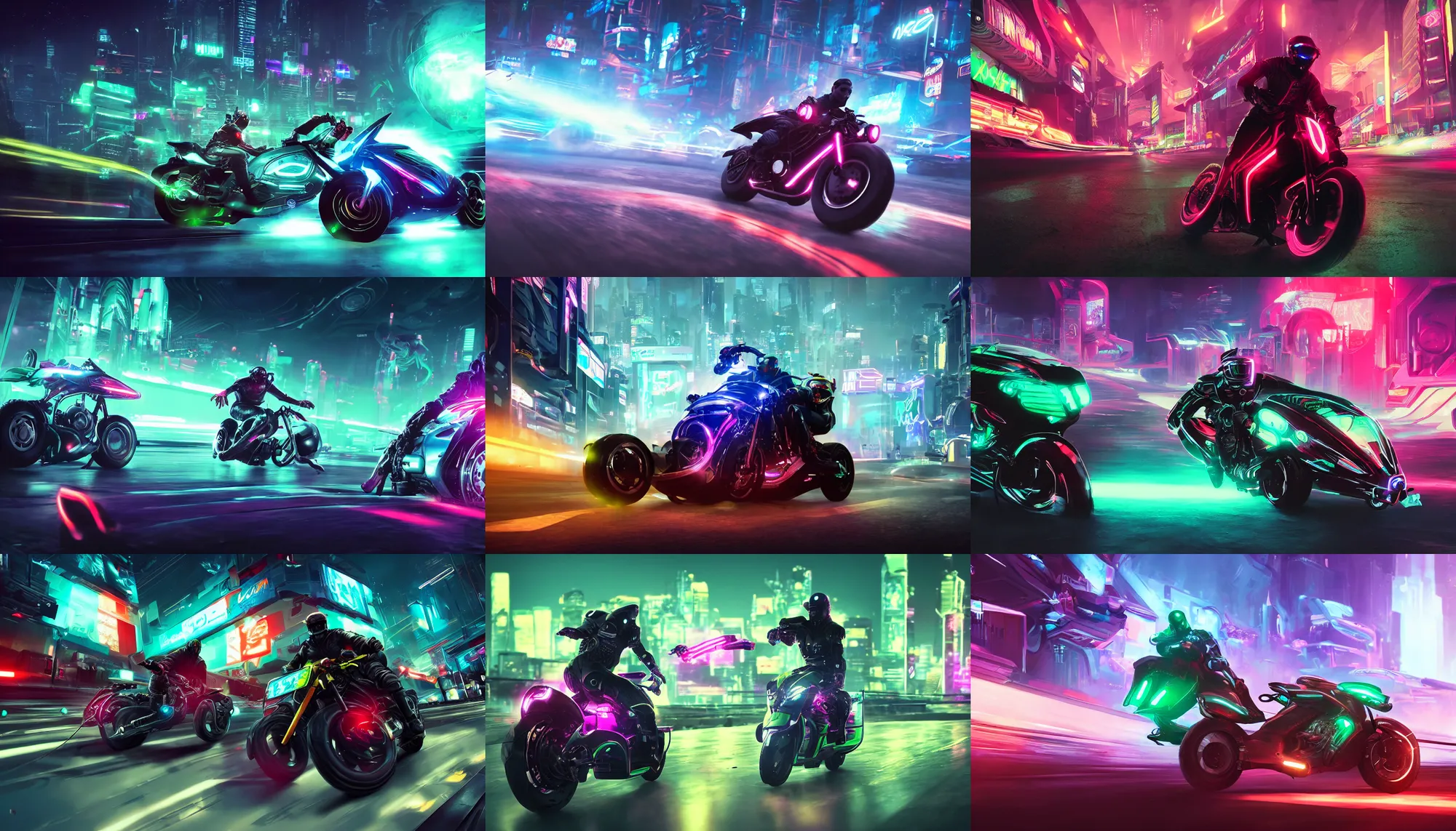 Prompt: photo of a man racing a futuristic neon motorcycle on an alien cyberpunk neon planet, cinematic, atmospheric, 8k, trending on artstation