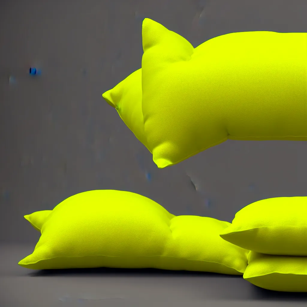 Image similar to small and soft neon yellow creature sleeping on a pillow in the middle, godot engine render, glitchcore aesthetics, high detail texture, 8k