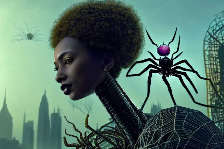 Prompt: realistic detailed closeup portrait movie shot of a beautiful black woman on a giant spider, dystopian city landscape background by denis villeneuve, amano, yves tanguy, alphonse mucha, max ernst, ernst haeckel, edward robert hughes, roger dean, cyber necklace, rich moody colours, sci fi patterns, wide angle