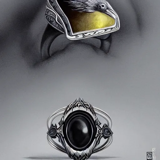 Image similar to silver ring with an abstract bird with a black gem on it's back it, highly detailed, digital painting, trending on artstation, concept art, sharp focus, illustration, art by artgerm and greg rutkowski and magali villeneuve