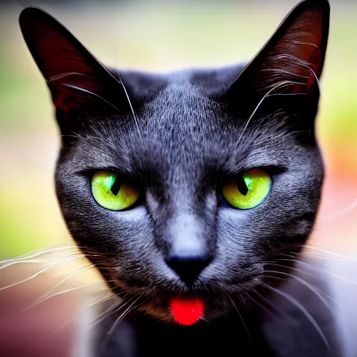 Image similar to A cat with red eyes and fangs staring at the camera, 4k.