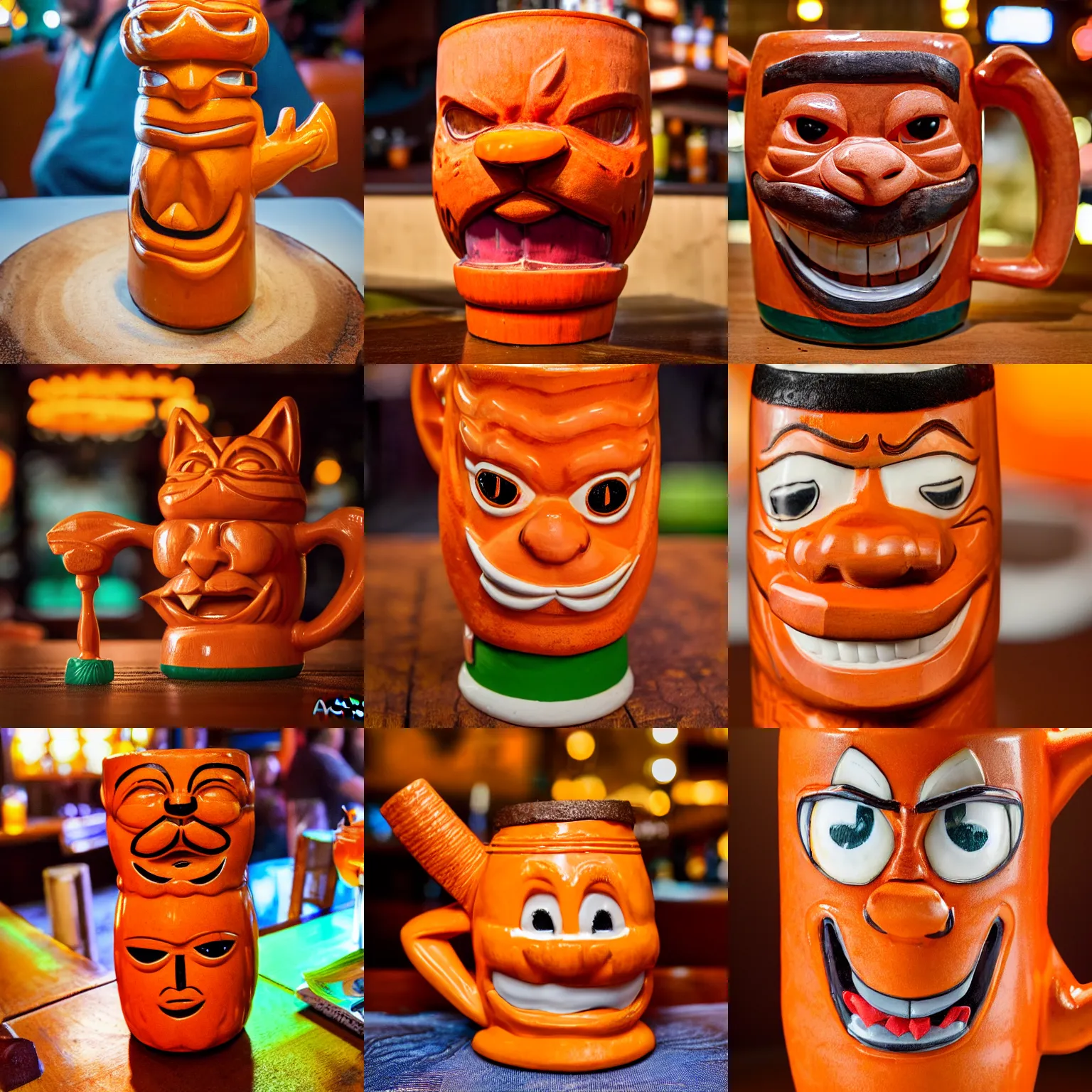 Image similar to a closeup photorealistic photograph of an orange cat garfield style tiki mug at a trader vic's bar with garfield's face on the front. tiki party. bright scene. fine detail. this 4 k hd image is trending on artstation, featured on behance, well - rendered, extra crisp, features intricate detail, epic composition and the style of unreal engine.