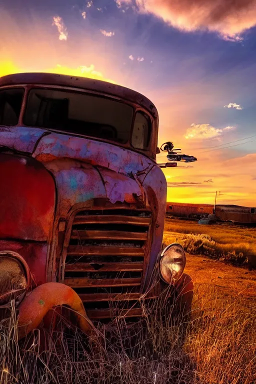 Image similar to a sunset light landscape with historical route 6 6, lots of sparkling details and sun ray ’ s, blinding backlight, smoke, volumetric lighting, colorful, octane, 3 5 mm, abandoned gas station, old rusty pickup - truck, beautiful epic colored reflections, very colorful heavenly, softlight