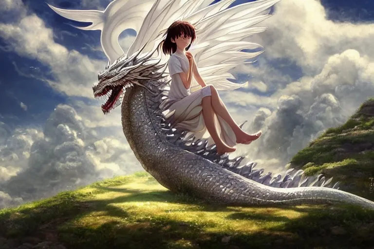 Image similar to the beautiful hyper detailed big scene render that a beautiful girl sitting on the back of a huge silver white dragon alone in fairyland surrounded by white clouds, finely detailed angelic face delicate features, style of studio ghibli, makoto shinkai, artgerm, karol bak, kazuki tanahashi, james jean, ross tran, xision, ultra wide angle