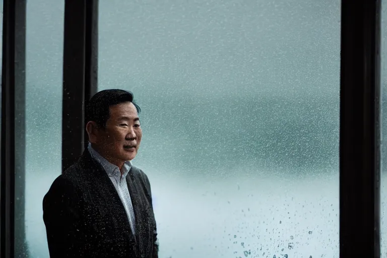 Image similar to a cinematic headshot portrait of a middle aged asian man, through a steamed up window, movie still, ocean background, waves, rain, dramatic lighting, back light, hair light, rim light, 4 k, ultra realistic