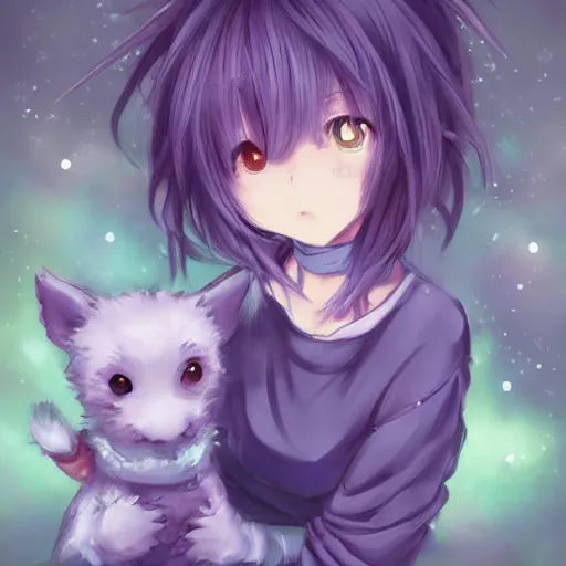 Image similar to advanced full body digital anime art::cute short anime girl + dog hybrid, short white hair, purple watery eyes, full round face :: cinematic lighting, rim lighting, very highly intricately detailed, trending on pixiv :: WLOP, RossDraws, RuanJia, James Jean, Andrei Riabovitchev, Totorrl, Marc Simonetti, Visual Key, and Sakimichan